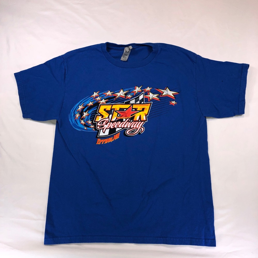 Gildan Star Speedway Epping NH Youth Large Blue Racing T-Shirt Stock Car Sprint